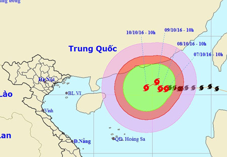 Vị trí và hướng di chuyển của bão số 6 (Ảnh: Theo Trung tâm Khí tượng thủy văn Trung ương)
